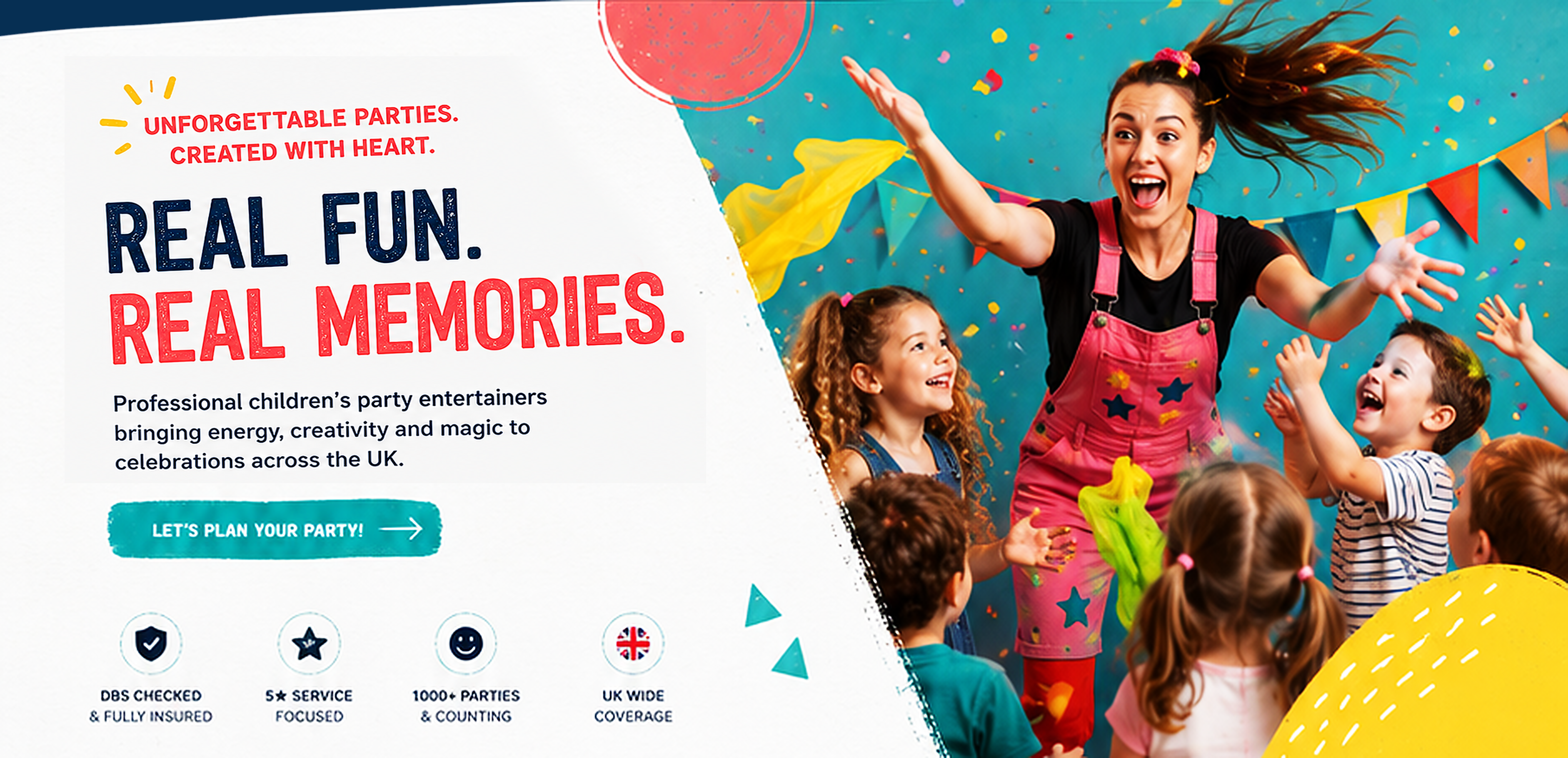 Spark & Smile hero section showing entertainer and children at a party